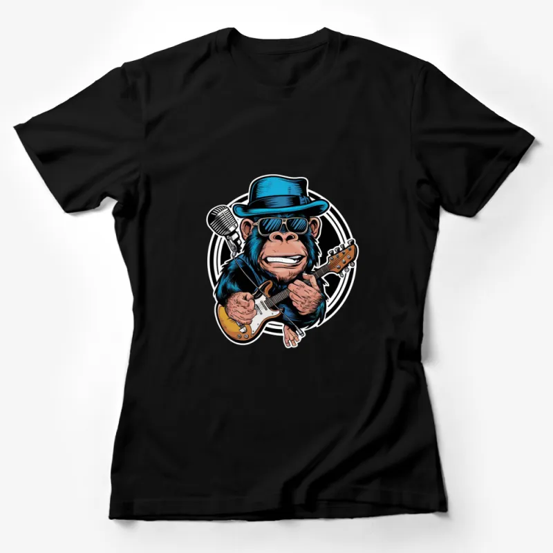 Cool Rocker Monkey T-Shirt, Guitar Playing Ape with Sunglasses and Hat Design Female T-Shirt