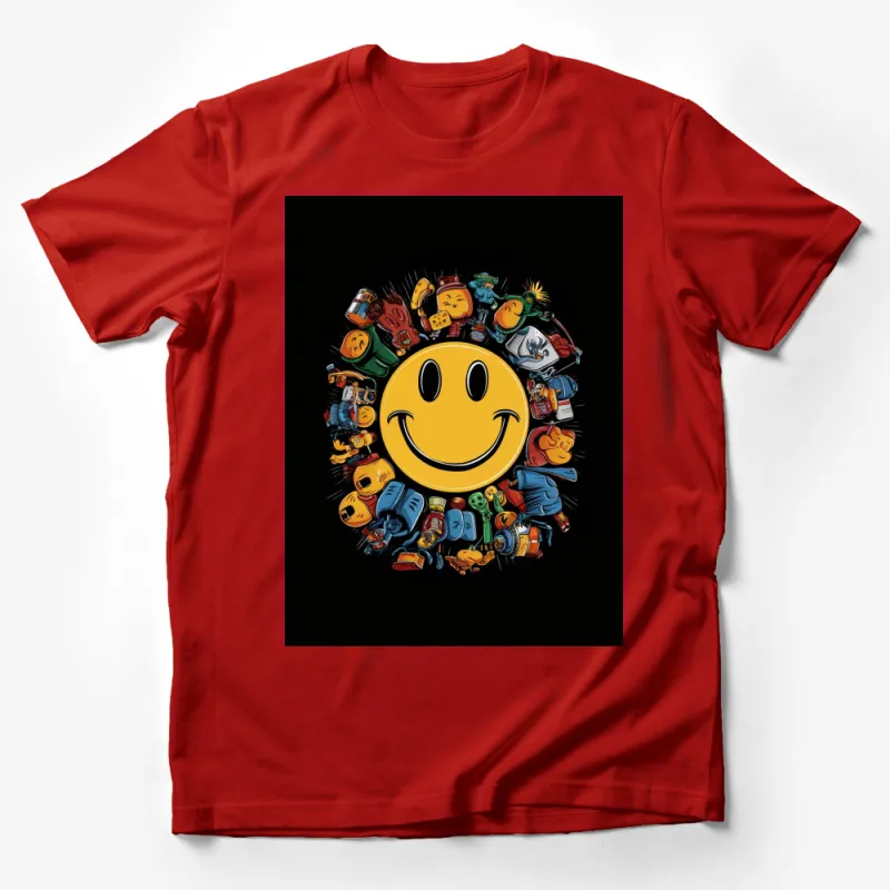 Retro Smiley Face T-Shirt with Colorful Robot Graphics, Vintage-Inspired Tee, Fun and Unique Unisex Top Male T-Shirt