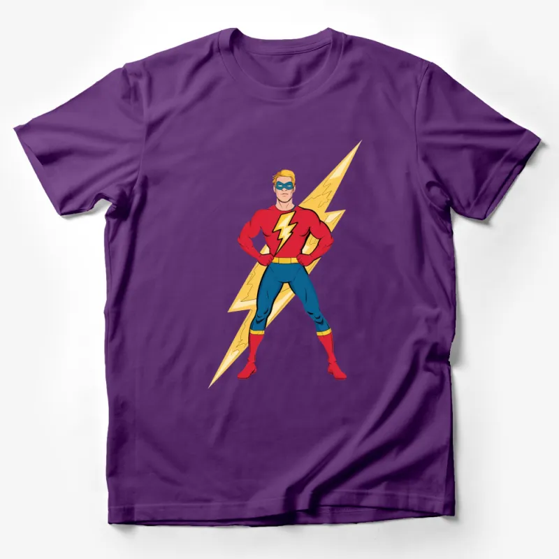 Superhero Lightning Bolt Costume T-Shirt, Classic Red and Blue Hero Tee, Unisex Adult and Kids Sizes Male T-Shirt