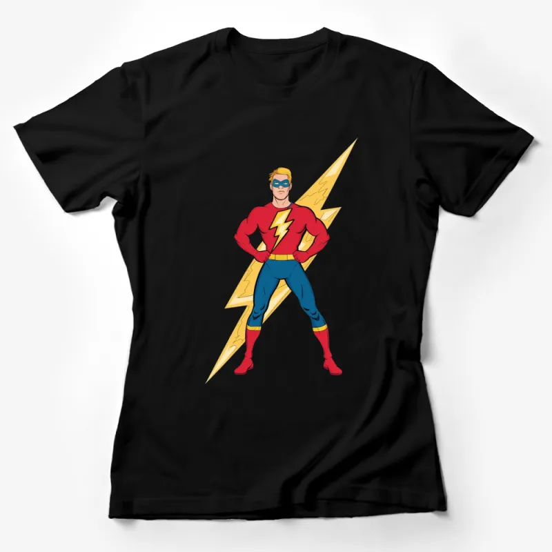 Superhero Lightning Bolt Costume T-Shirt, Classic Red and Blue Hero Tee, Unisex Adult and Kids Sizes Female T-Shirt