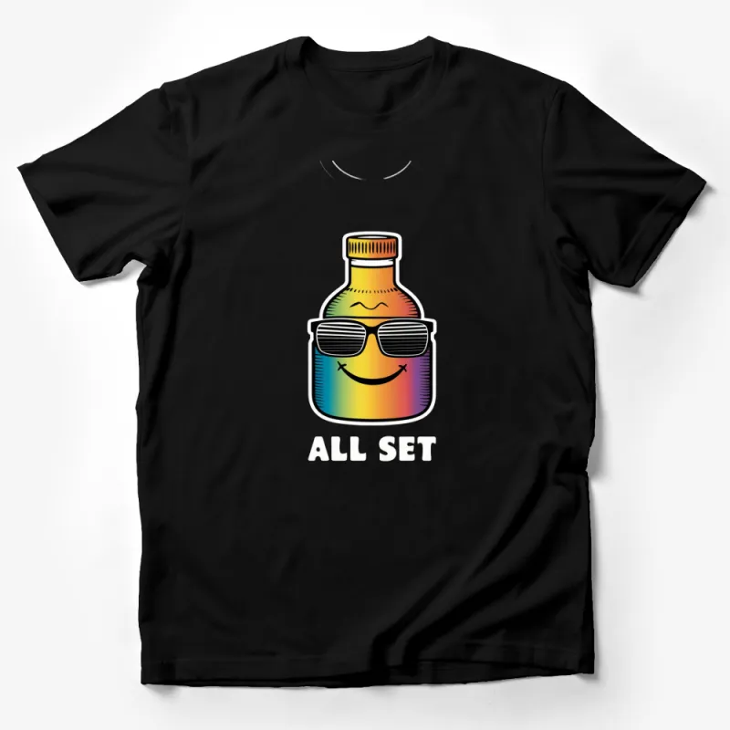 Rainbow Bottle with Sunglasses T-Shirt, Cool Smiling Graphic Tee, Unisex Colorful Apparel Male T-Shirt