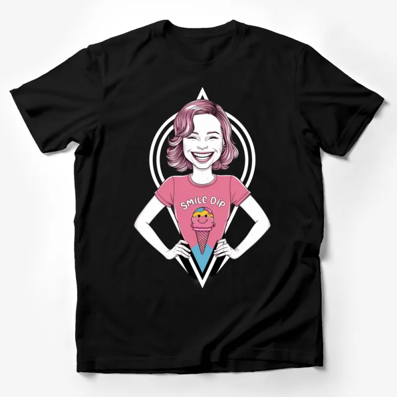 Women's Pink T-Shirt with Smile Dip Ice Cream Graphic, Fun and Vibrant Casual Wear Male T-Shirt