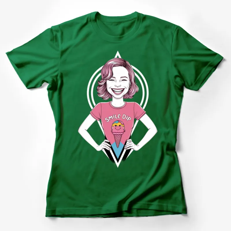 Women's Pink T-Shirt with Smile Dip Ice Cream Graphic, Fun and Vibrant Casual Wear Female T-Shirt