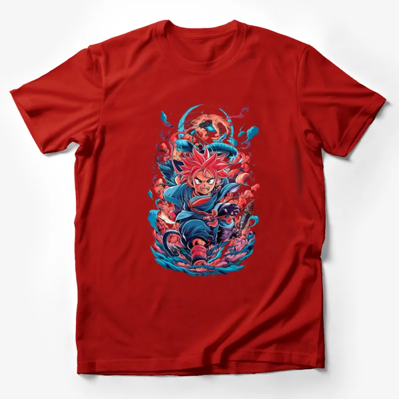 Anime-Inspired Red-Haired Warrior T-Shirt, Colorful Samurai Graphic Tee, Unique Gift for Manga Lovers Male T-Shirt