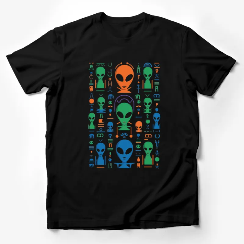 Alien Symbols and Faces T-Shirt, Unisex Graphic Tee, Colorful Extraterrestrial Icons Shirt, Sci-Fi Apparel Male T-Shirt