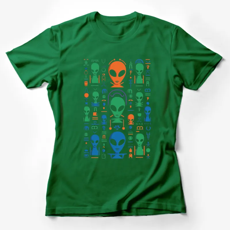 Alien Symbols and Faces T-Shirt, Unisex Graphic Tee, Colorful Extraterrestrial Icons Shirt, Sci-Fi Apparel Female T-Shirt