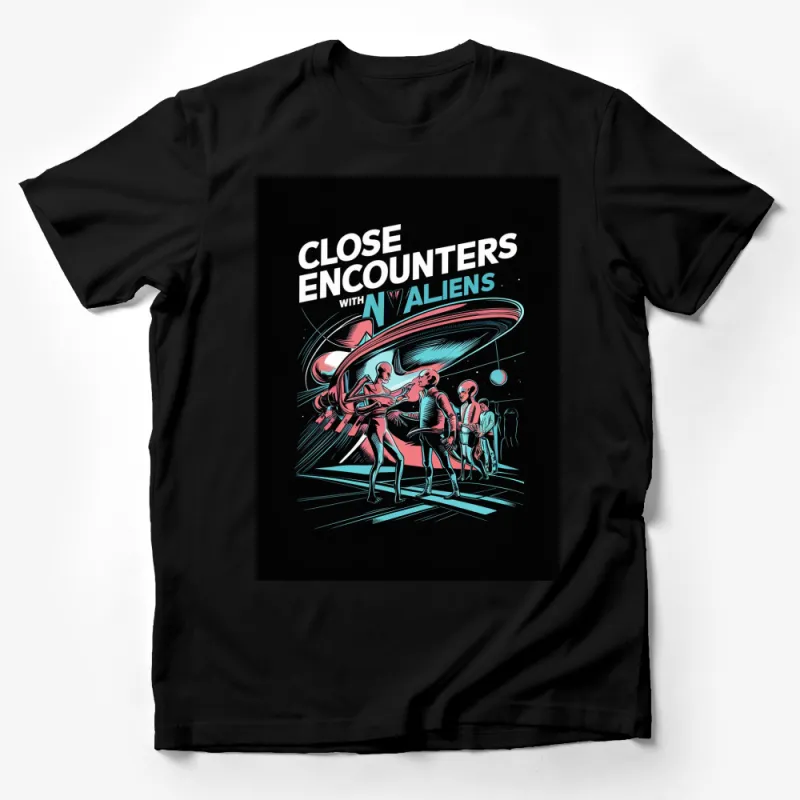 Close Encounters With Aliens Graphic T-Shirt, Space Themed Retro Design Tee, Unisex Sci-Fi Shirt Male T-Shirt