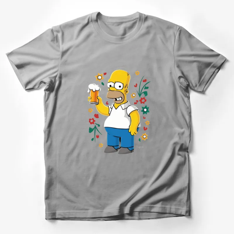 Homer Simpson Beer Lover T-Shirt, Cartoon Character Casual Tee, Floral Fun Graphic Shirt for Fans Male T-Shirt