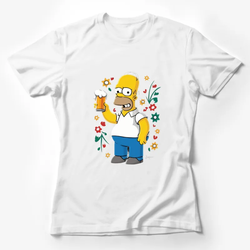 Homer Simpson Beer Lover T-Shirt, Cartoon Character Casual Tee, Floral Fun Graphic Shirt for Fans Female T-Shirt