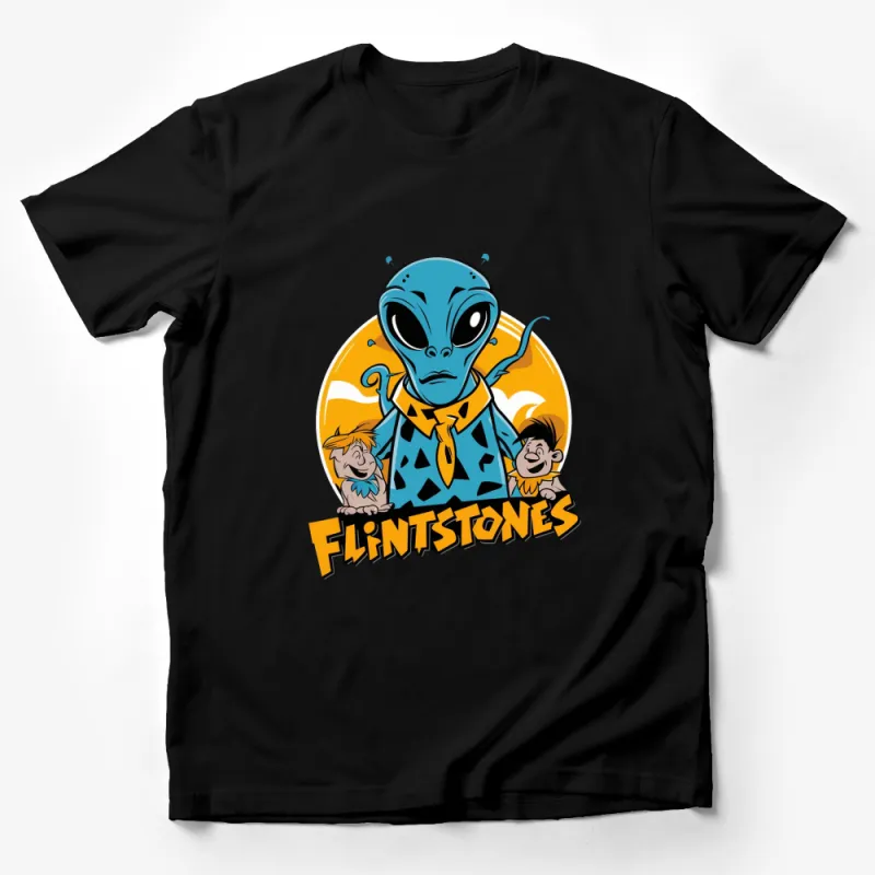 Alien Meets Flintstones Mashup T-Shirt, Unique Cartoon Graphic Tee for All Ages Male T-Shirt