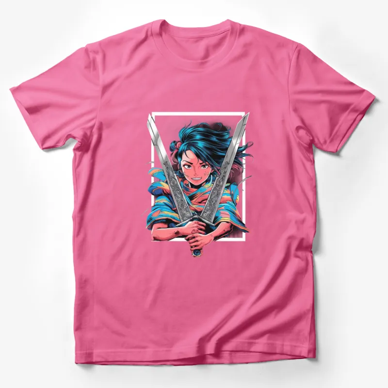 Samurai Girl T-Shirt, Vibrant Blue Hair Warrior, Japanese Inspired Graphic Tee, Unique Anime Style Shirt Male T-Shirt