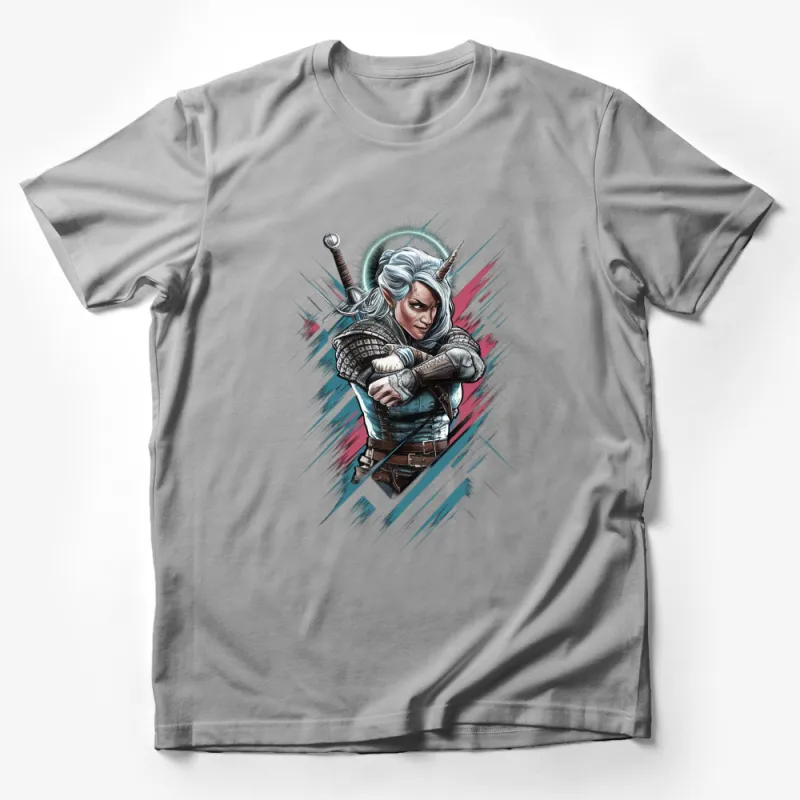 White Hair Warrior Woman T-Shirt, Fantasy Female Knight, Graphic Tee, Battle Ready Armor Shirt Male T-Shirt