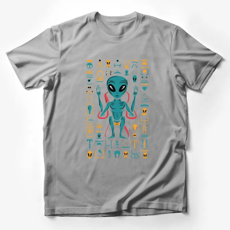 Alien and Hieroglyphs Graphic T-Shirt, Cool UFO and Egyptian Symbols Tee, Unisex Alien Shirt for Sci-Fi Fans Male T-Shirt