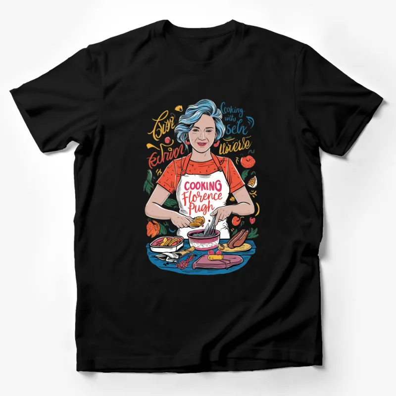 Florence Pugh Cooking Illustration T-Shirt, Celebrity Chef Graphic Tee, Colorful Kitchen Apparel Male T-Shirt