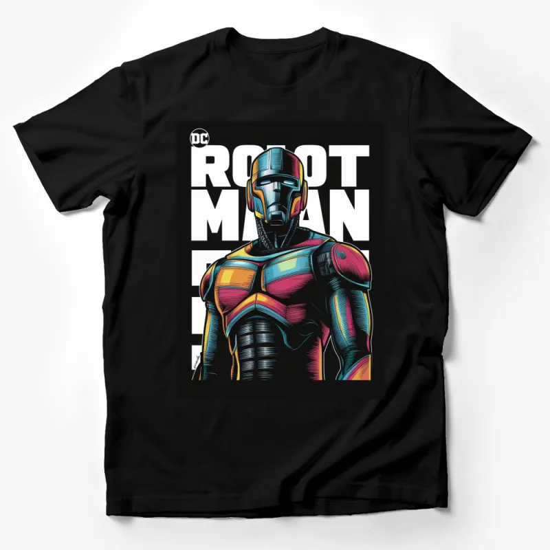 Robot Man Colorful DC Comic Inspired T-Shirt, Vibrant Superhero Graphic Tee, Unique Pop Art Style Apparel Male T-Shirt