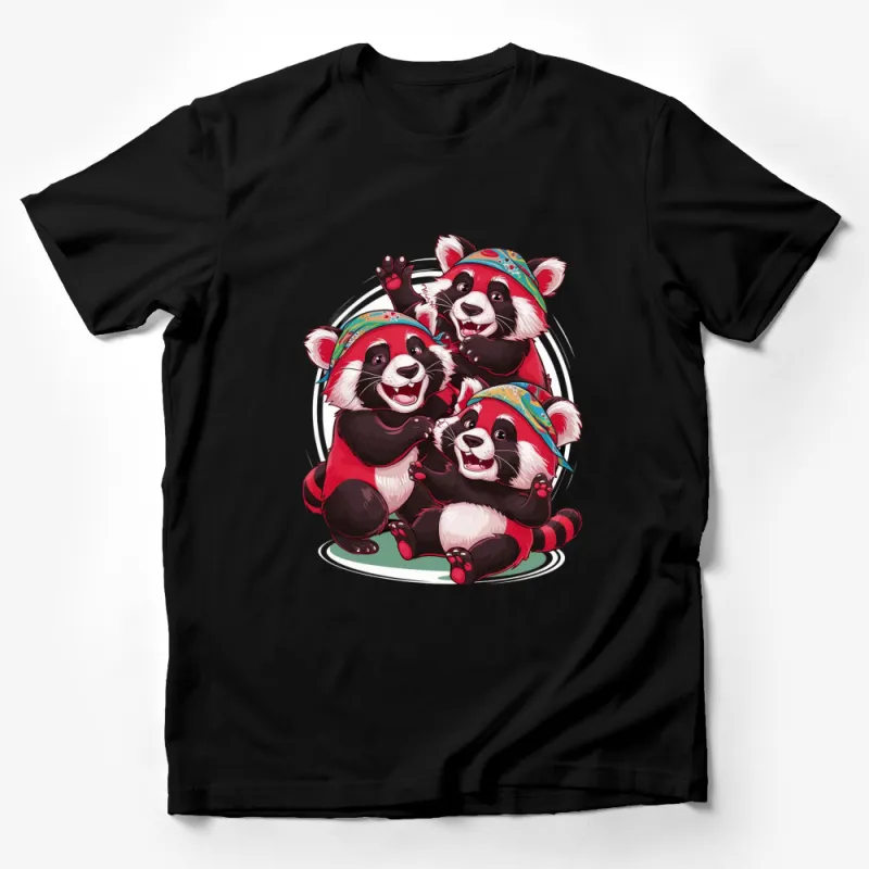 Cute Red Panda Family T-Shirt, Colorful Cartoon Pandas in Hats, Fun Animal Graphic Tee, Gift for Wildlife Lovers Male T-Shirt