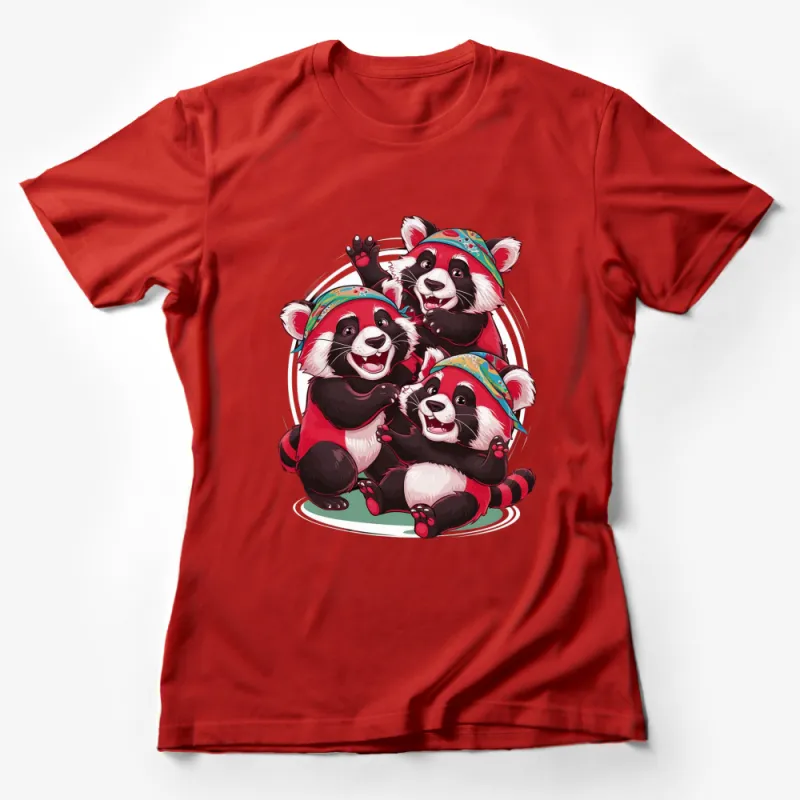 Cute Red Panda Family T-Shirt, Colorful Cartoon Pandas in Hats, Fun Animal Graphic Tee, Gift for Wildlife Lovers Female T-Shirt