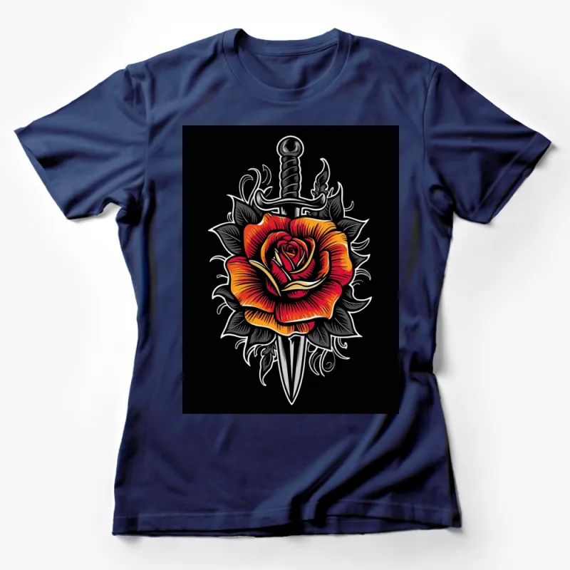 Gothic Rose and Dagger T-Shirt, Bold Red Flower Tattoo Art, Unisex Graphic Tee, Dark Aesthetic Apparel Female T-Shirt