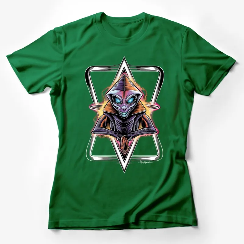 Alien Triangle Graphic T-Shirt, Bold Psychedelic Alien Design, Unisex Sci-Fi Shirt, Vibrant Colors Female T-Shirt