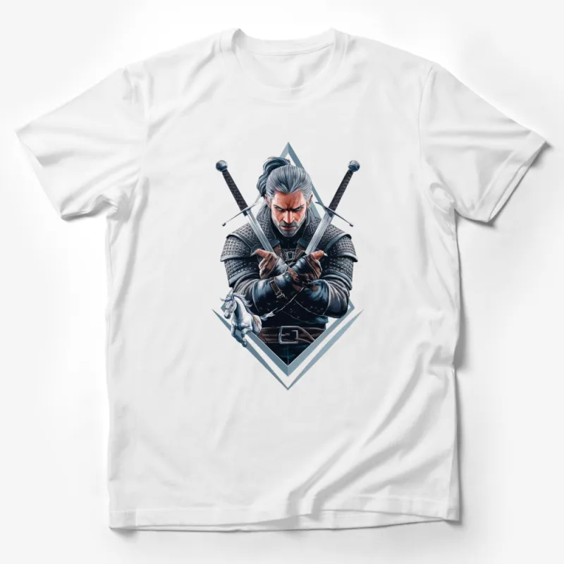 Fantasy Warrior Sword Fight Graphic T-Shirt, Unique Battle Design Tee, Epic Game Character Shirt Male T-Shirt