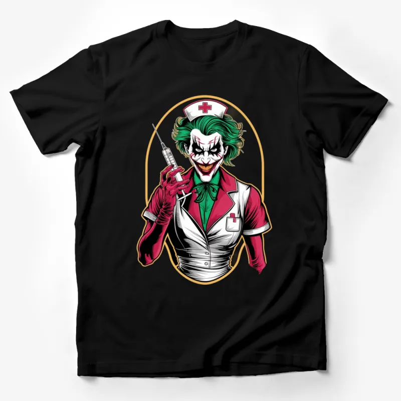 Joker Nurse Graphic T-Shirt, Comic Villain Nurse with Syringe, Unique Villain Tee, Cool Nurse Costume T-Shirt Male T-Shirt