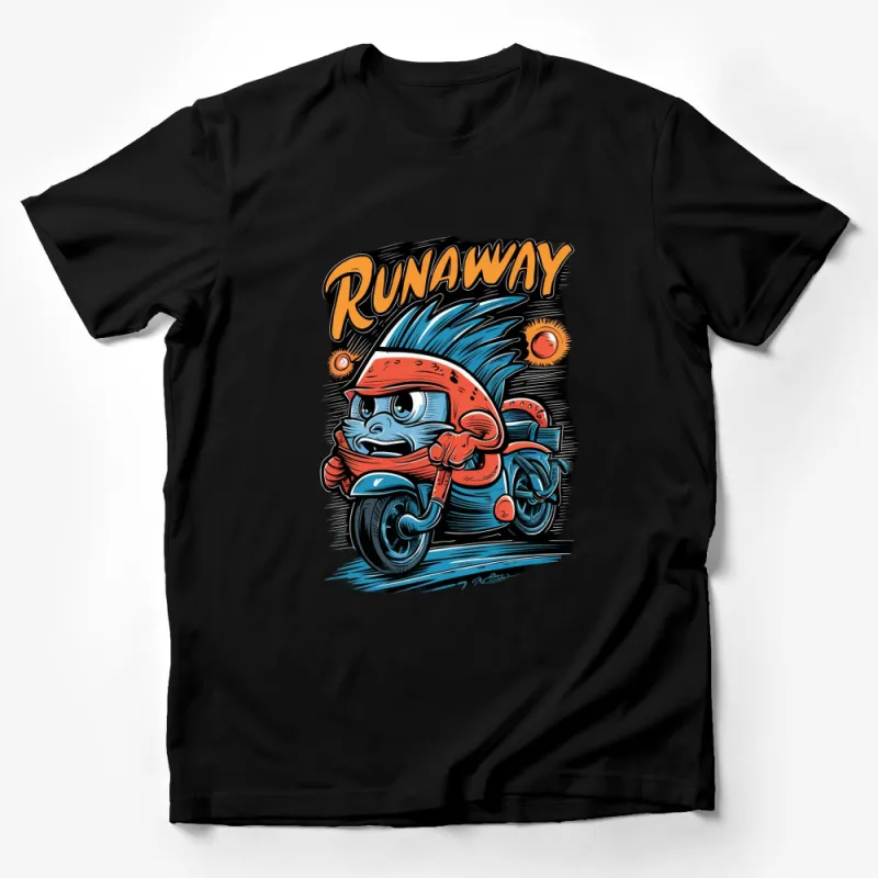 Vintage Cartoon Biker Runaway Octopus Graphic T-Shirt, Retro Styled Motorcycle Design, Colorful Casual Wear Male T-Shirt