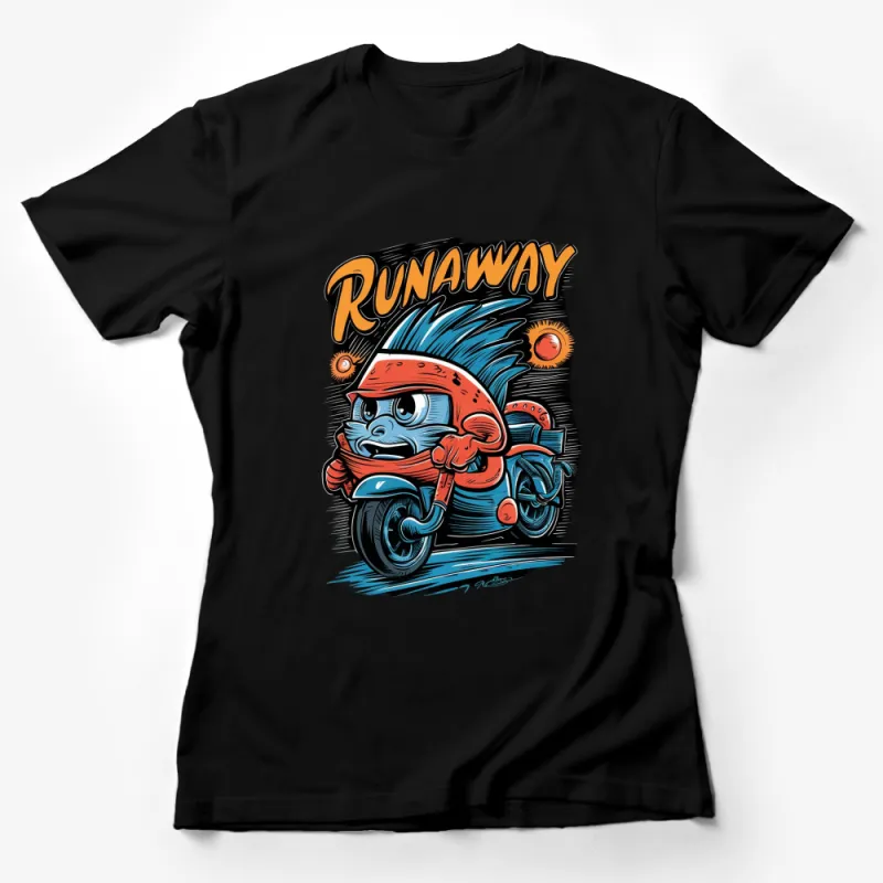 Vintage Cartoon Biker Runaway Octopus Graphic T-Shirt, Retro Styled Motorcycle Design, Colorful Casual Wear Female T-Shirt