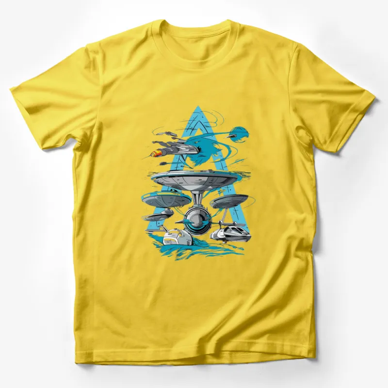 Retro Science Fiction Spacecraft and Alien Design T-Shirt, Cool Sci-Fi Graphic Tee Male T-Shirt