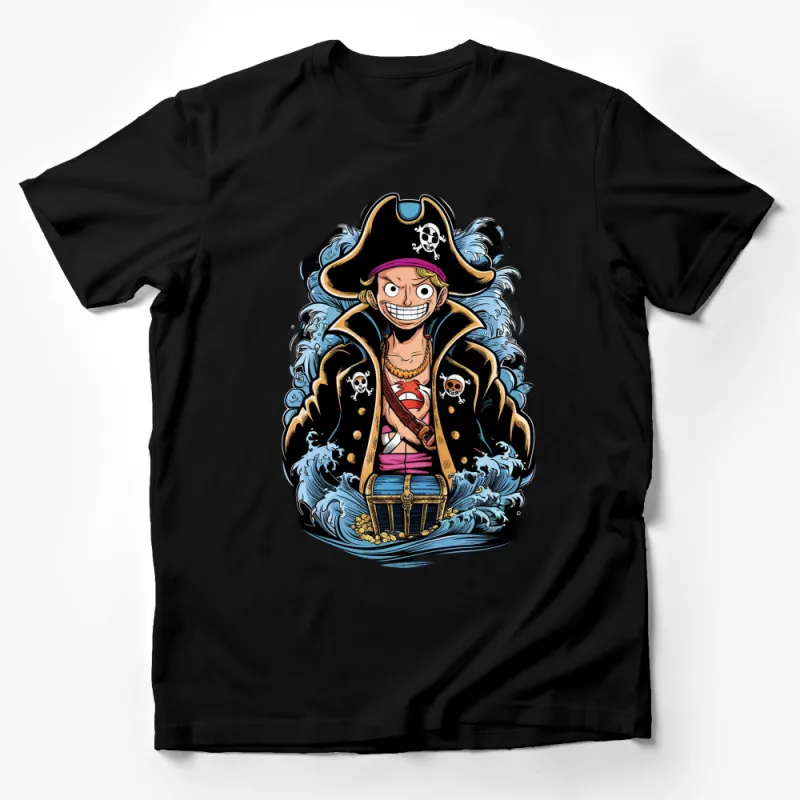 Pirate Captain Anime Cartoon Character T-Shirt, Cool Graphic Tee, Fun Ocean Waves Design Male T-Shirt