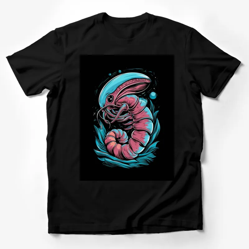 Neon Shrimp Surreal Art Tee, Psychedelic Sea Creature T-Shirt, Unique Animal Print Shirt Male T-Shirt