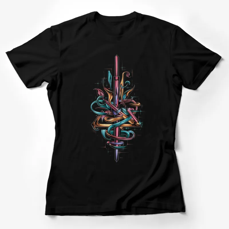 Abstract Sword Art T-shirt, Colorful Fantasy Design Tee, Vibrant Unisex Graphic Shirt Female T-Shirt