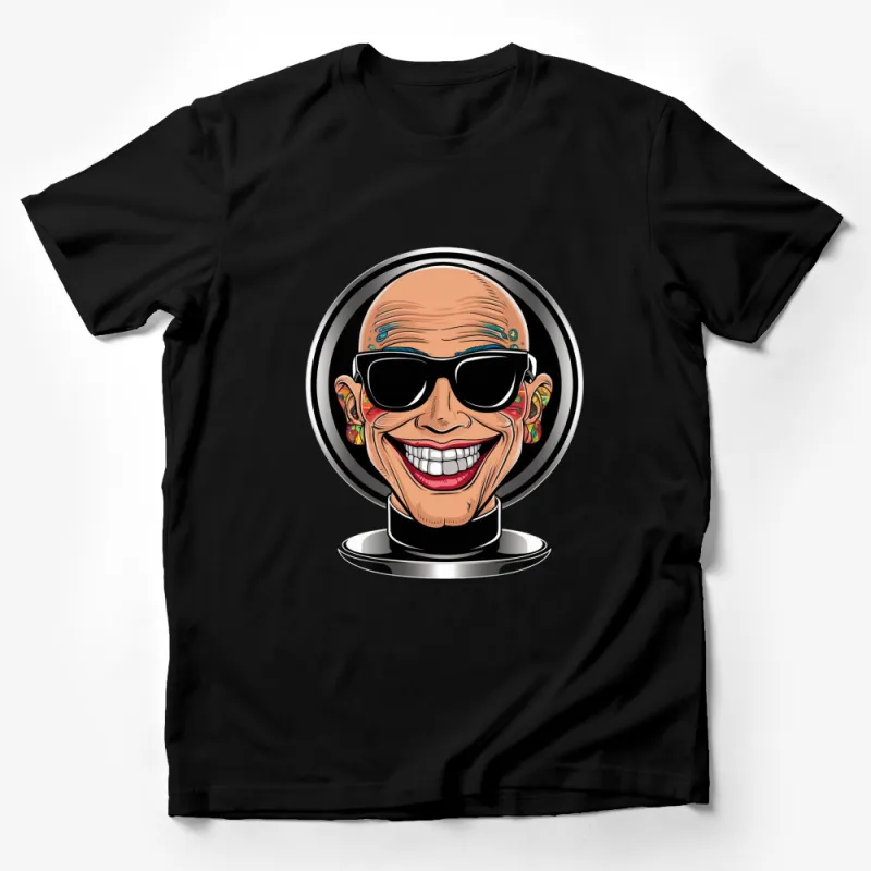 Funky Bald Man with Tattoos and Sunglasses Graphic T-Shirt, Cool Pop Art Tee, Urban Street Style Male T-Shirt