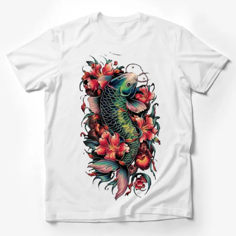 Vibrant Koi Fish T-Shirt, Japanese Inspired Art, Colorful Fish and Flowers Unisex Tee Male T-Shirt