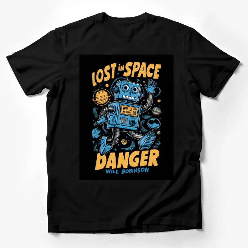 Retro Robot Space Adventure T-Shirt, Lost in Space Danger Graphic Tee, Cool Sci-Fi Shirt for All Ages Male T-Shirt