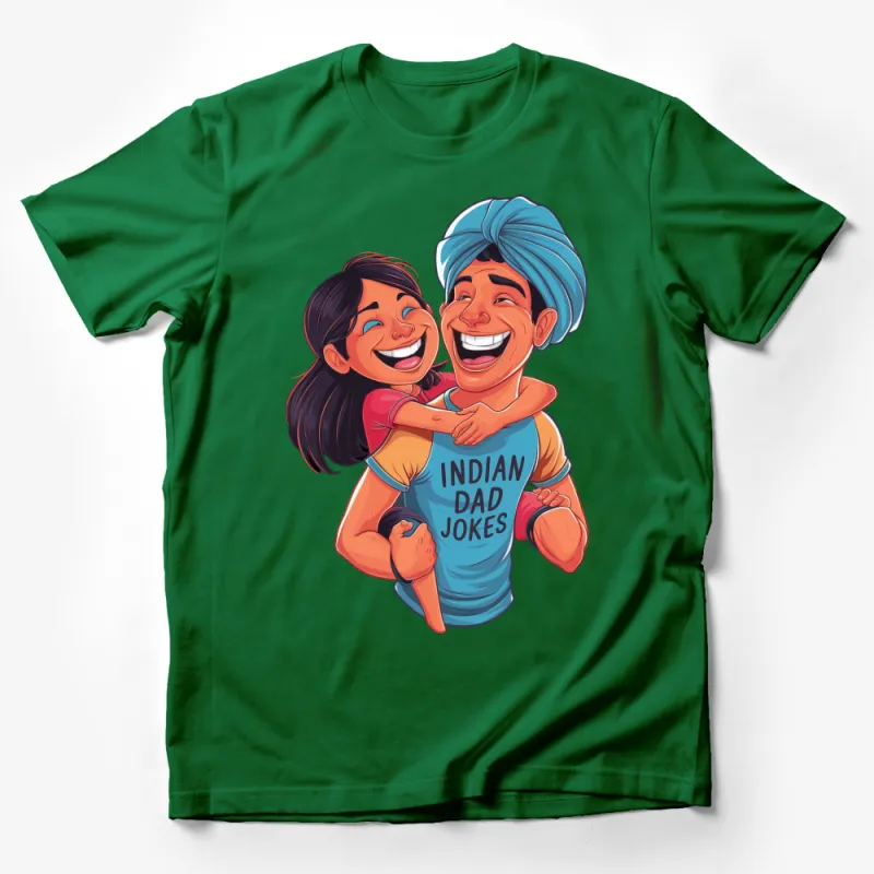 Indian Dad Jokes Funny T-Shirt, Cartoon Dad and Daughter, Humorous Family Tee, Unique Gift for Fathers, Colorful Illustration Male T-Shirt