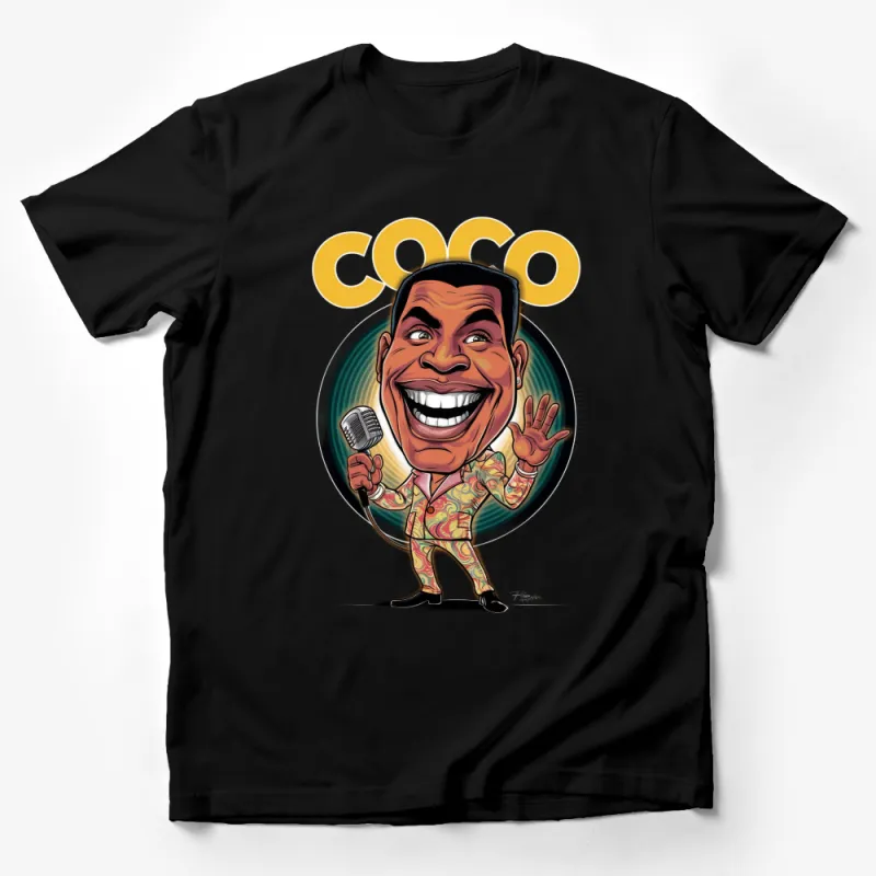 Colorful Coco Caricature T-Shirt, Fun Vintage Style Cartoon Graphic Tee, Unique Musician Art Apparel Male T-Shirt