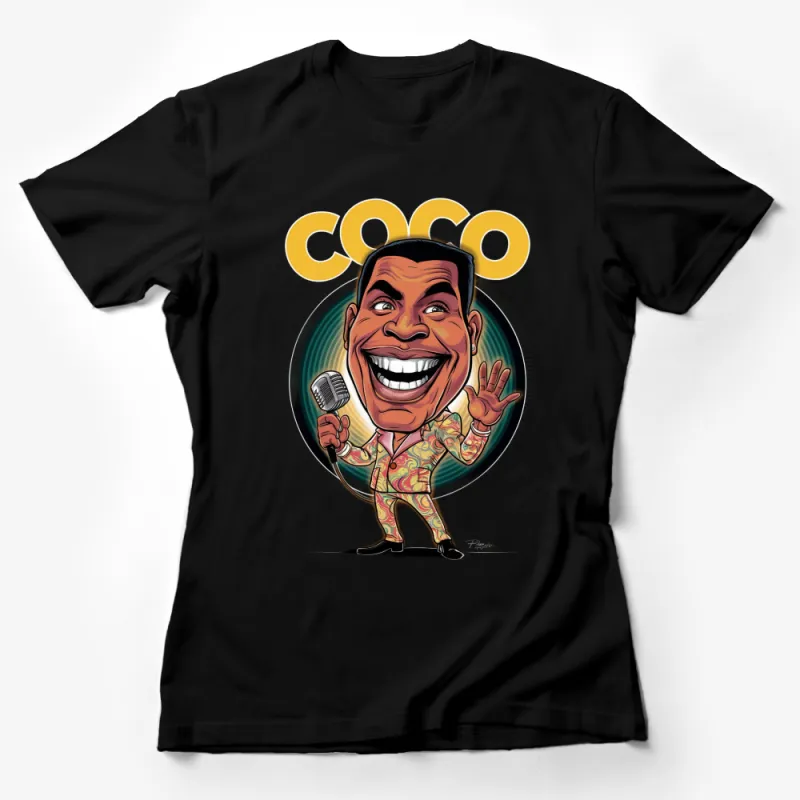 Colorful Coco Caricature T-Shirt, Fun Vintage Style Cartoon Graphic Tee, Unique Musician Art Apparel Female T-Shirt