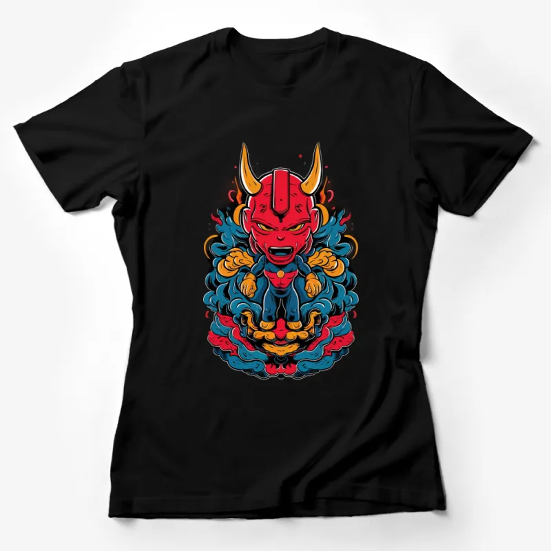 Japanese Oni Demon Illustration T-Shirt, Graphic Printed Men's and Women's Tee, Unique Cultural Folklore Art Female T-Shirt