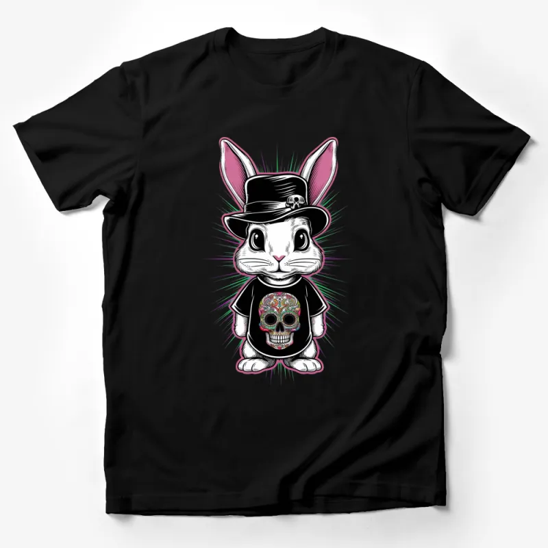 Gothic Rabbit T-Shirt, Skull Bunny with Hat, Unique Punk Graphic Tee, Unisex Adult Clothing Male T-Shirt