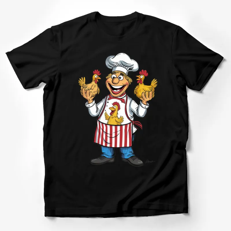 Chef Cartoon Character with Chickens Fun Graphic Tee, Unisex Cooking Humor T-Shirt Male T-Shirt