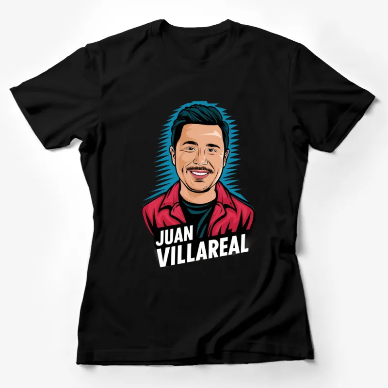 Juan Villareal Comic Style Graphic T-Shirt, Vibrant Casual Wear, Unique Portrait Tee Female T-Shirt