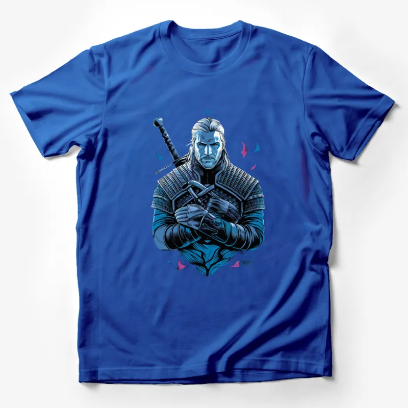 Warrior Fantasy T-Shirt, Medieval Knight Graphic Tee, Blue Warrior with Sword, Unique Men's Clothing, Gift for Fantasy Lovers Male T-Shirt