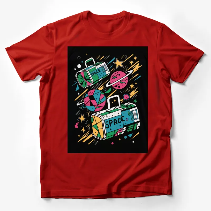 Space Luggage Cosmic Travel Tees, Colorful Retro Astronomy T-Shirt, Unisex Galaxy Explorer Apparel Male T-Shirt