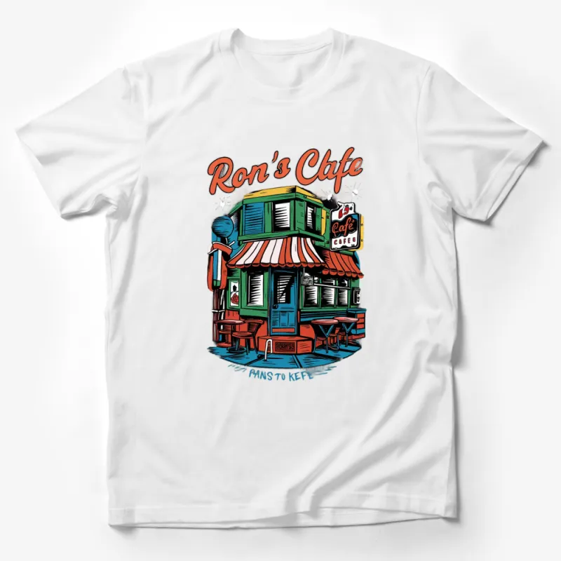 Vintage Ron's Cafe Illustration T-Shirt, Colorful Retro Diner Graphic Tee, Unique Urban Street Style Apparel Male T-Shirt