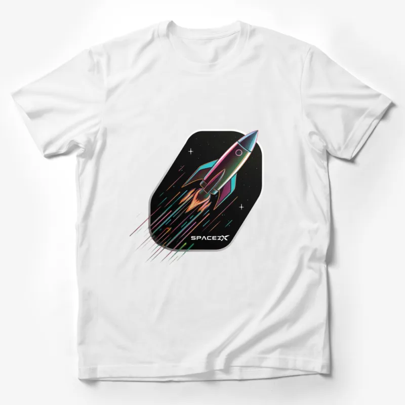 Colorful SpaceX Rocket Launch Graphic T-Shirt, Space Explorer Tee, Unisex Space-Themed T-Shirt for All Ages Male T-Shirt