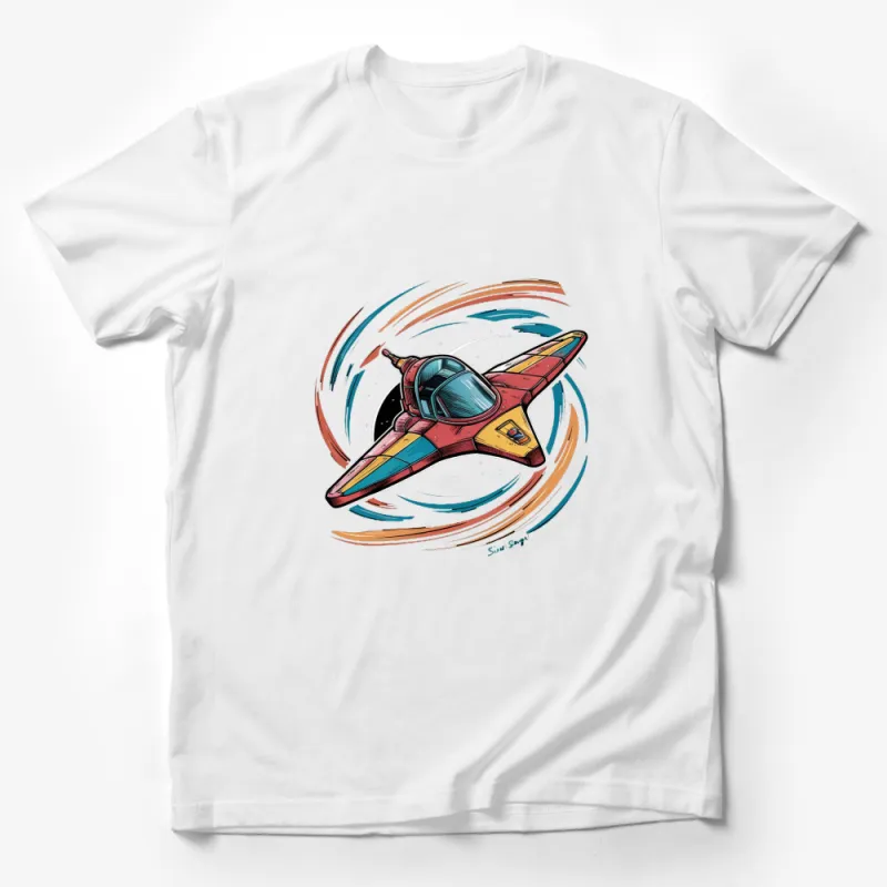 Colorful Retro Spaceship Design T-Shirt, Vintage Sci-Fi Rocket Illustration, Unisex Graphic Tee Male T-Shirt