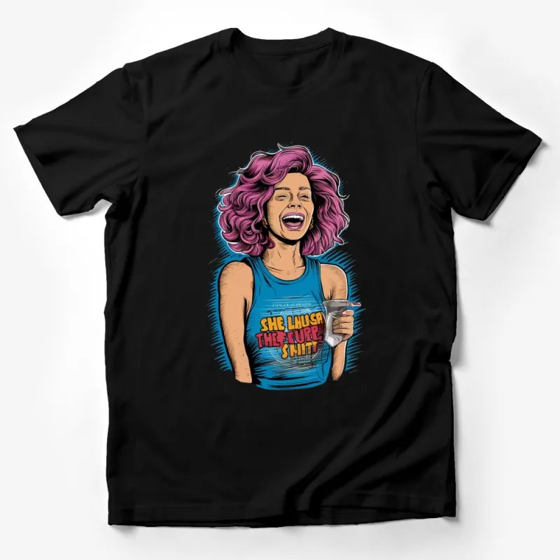 Retro Pink Hair Girl Graphic T-Shirt, Vintage Comic Style, Funky Streetwear Top Male T-Shirt