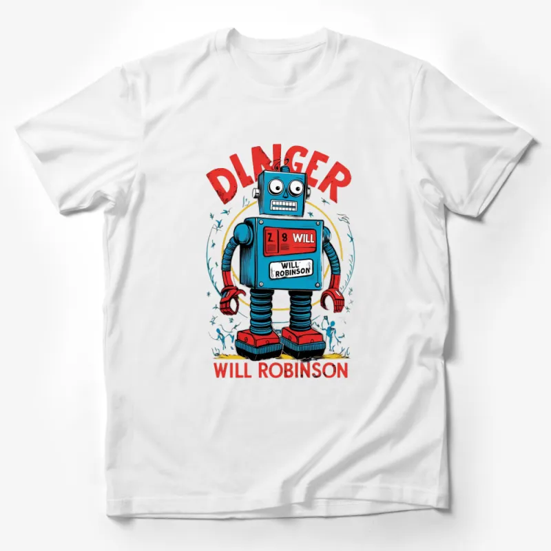 Vintage Robot T-Shirt, Retro Dlinger Will Robinson Graphic, Cool Sci-Fi Blue Robot Tee Male T-Shirt