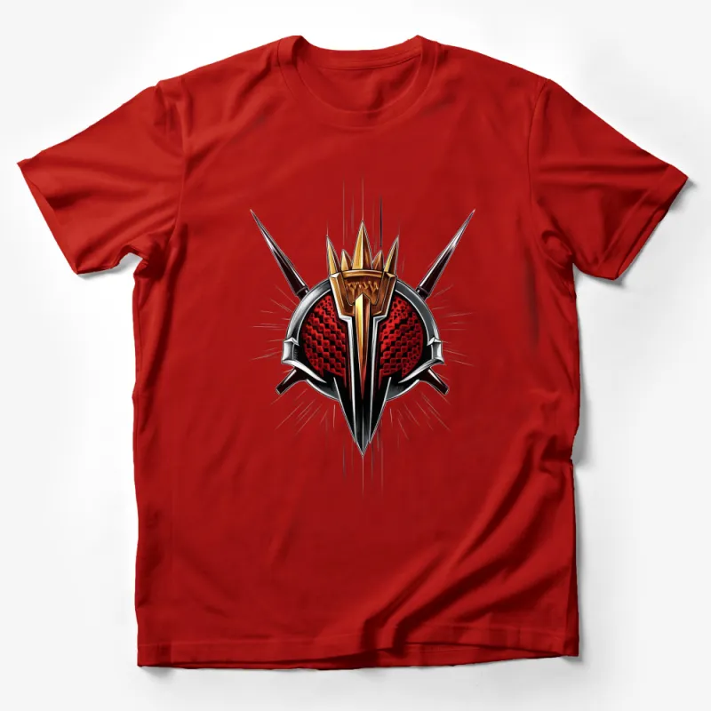 Futuristic Knight Emblem Graphic T-Shirt, Red and Silver Modern Warrior Design, Unisex Tee Male T-Shirt