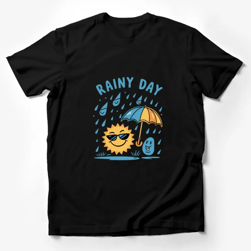 Rainy Day Cartoon T-Shirt with Sun, Clouds, and Umbrella Graphics for All Ages Male T-Shirt